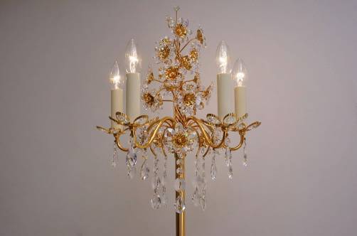 Palwa floor lamp, gilt brass frame, crystal flowers & beads, 1970`s ca, German 